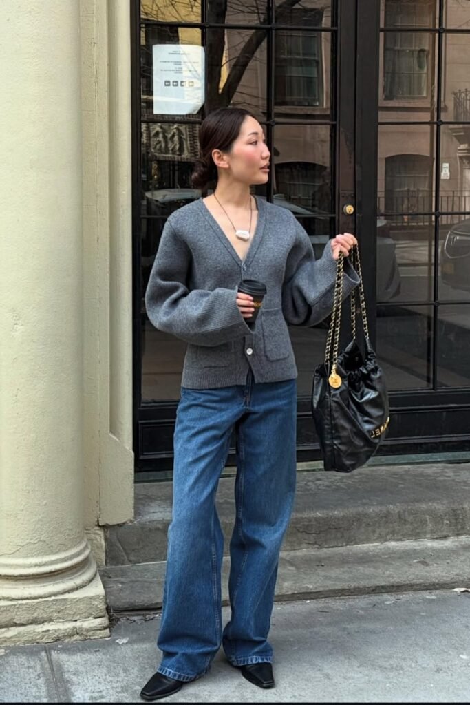 Oversized Grey V-neck Cardigan + Baggy Blue Jeans + Black Square-Toe Boots