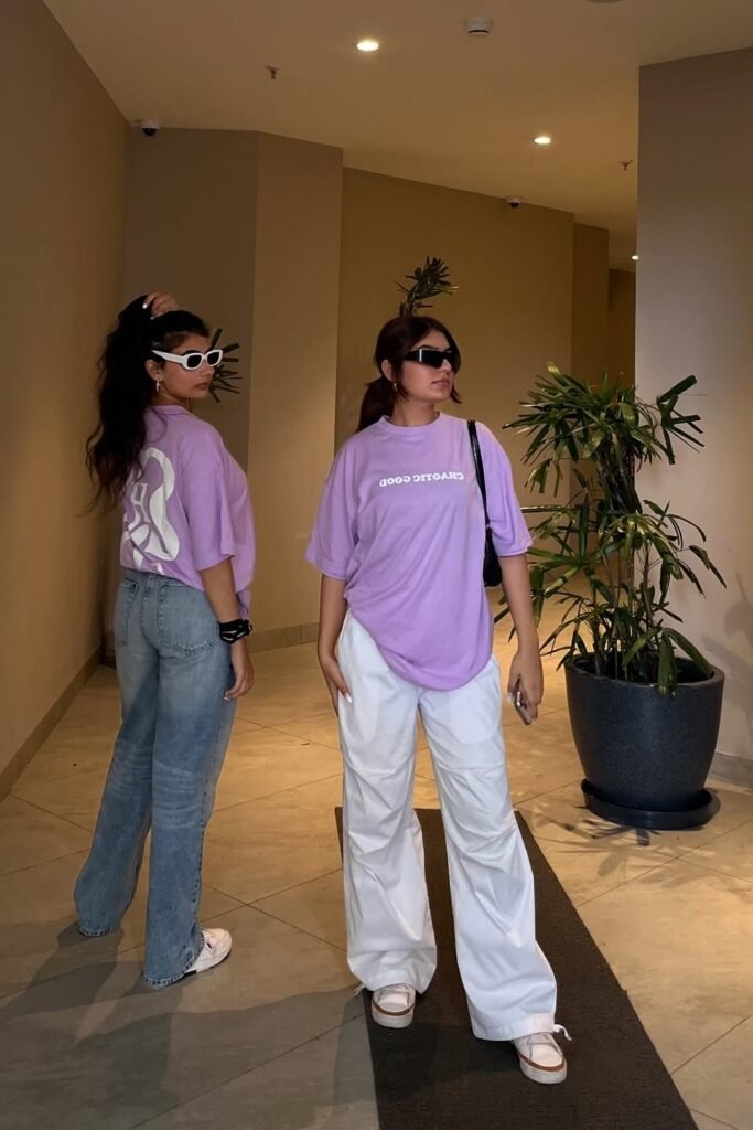 Oversized Lavender Graphic T-shirt + White Wide-Leg Cargo Pants + White Sneakers