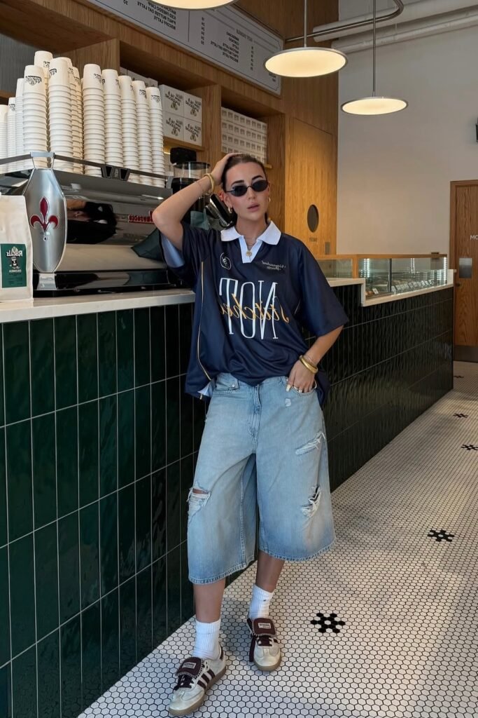 Oversized Navy Collared Jersey + Distressed Light Wash Denim Long Shorts + Brown and White Sneakers with White Socks