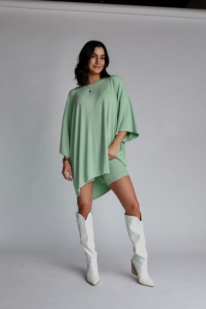 Oversized Sage Green T-Shirt + Sage Green Biker Shorts + White Western Boots
