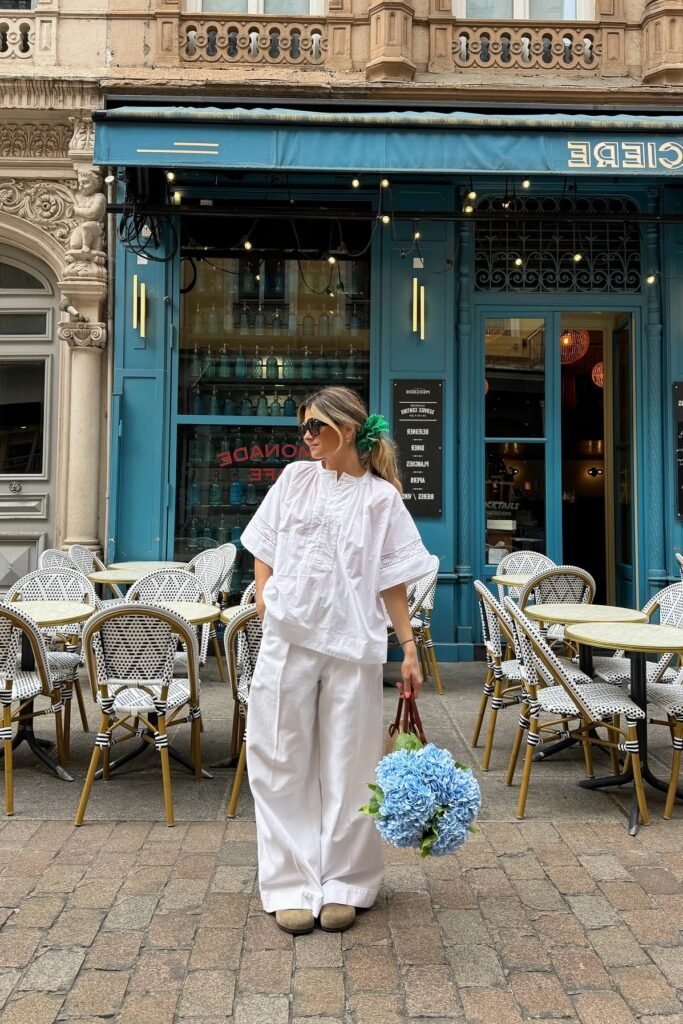 Oversized White Button-Down Shirt + White Wide-Leg Pants + Beige Clogs