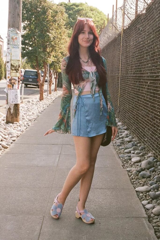 Paisley Mesh Tie-Front Top + Pink Crop Top + Light Blue Satin Mini Skirt + Floral Platform Sandals