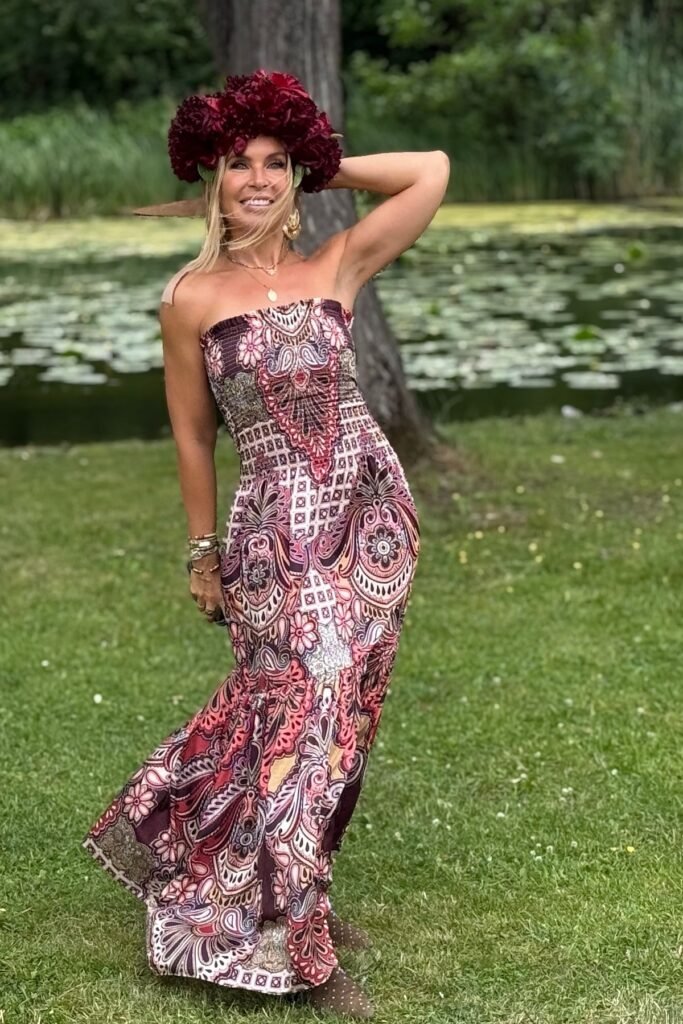 Paisley Print Strapless Maxi Dress + Deep Red Floral Crown + Brown Studded Boots