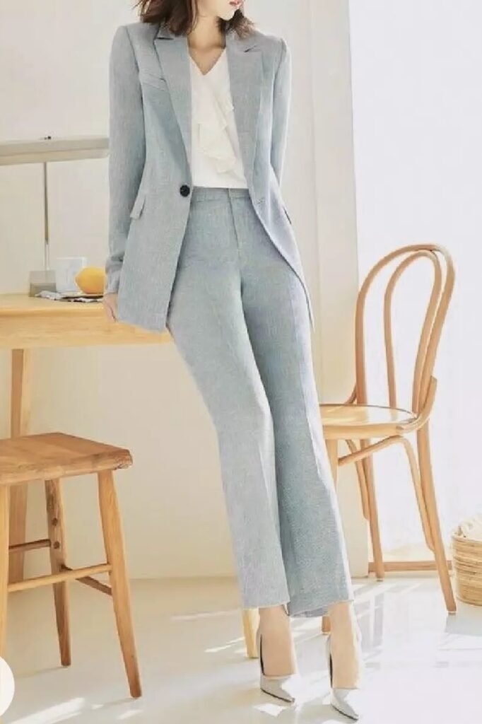 Pale Blue Linen Blazer + White V-Neck Blouse + Matching Blue Straight-Leg Pants