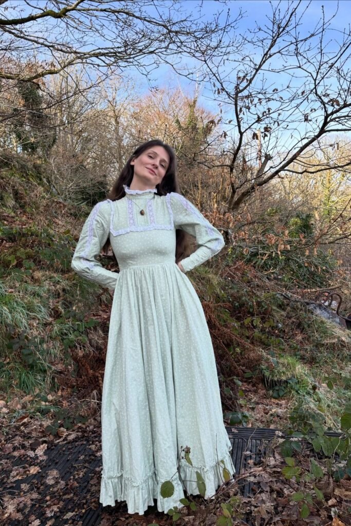 Pale Green Lace-Trim Prairie Dress + Polka Dot Pattern + Black Flat Shoes