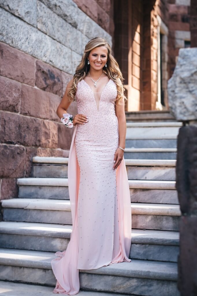 Pale Pink Embellished Mermaid Gown + Pink Floral Corsage + Silver Jewelry