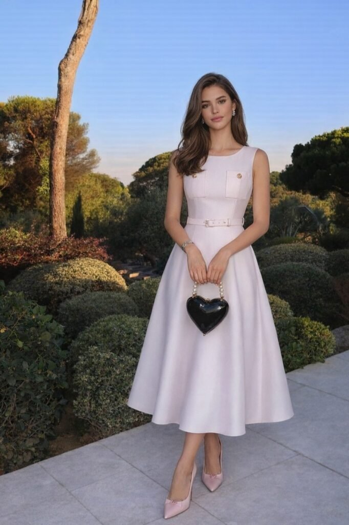 Pale Pink Sleeveless Belted Midi Dress + Pocket Details + Black Heart-Shaped Bag