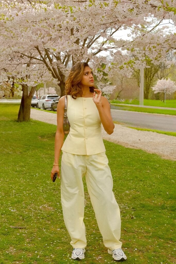 Pale Yellow Button-Up Vest + Matching Loose Trousers + White Athletic Sneakers