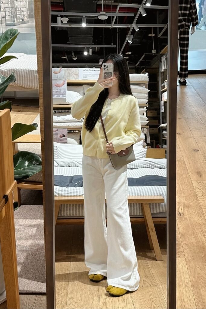 Pale Yellow Cardigan + White Wide-Leg Jeans + Mustard Yellow Tabi Shoes