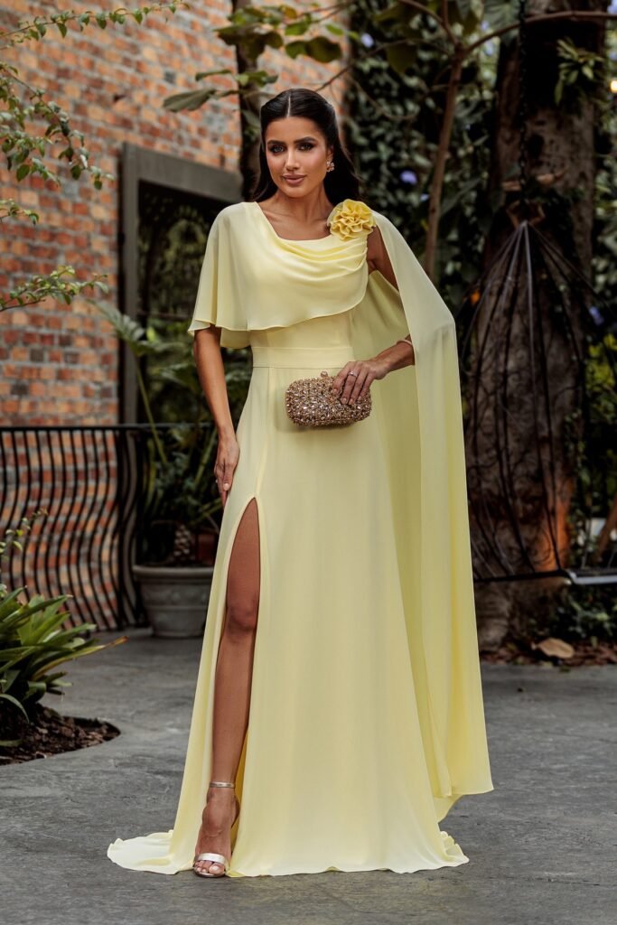 Pale Yellow Chiffon Gown + Floral Shoulder Appliqué + Gold Beaded Clutch