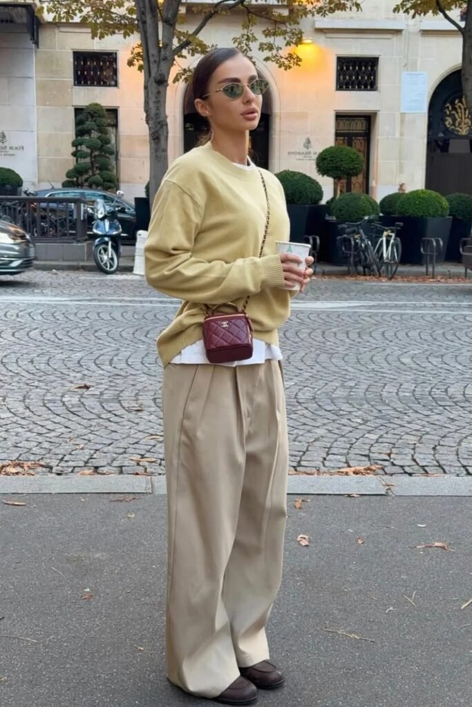 Pale Yellow Crewneck Sweater + Beige Pleated Trousers + Dark Brown Loafers
