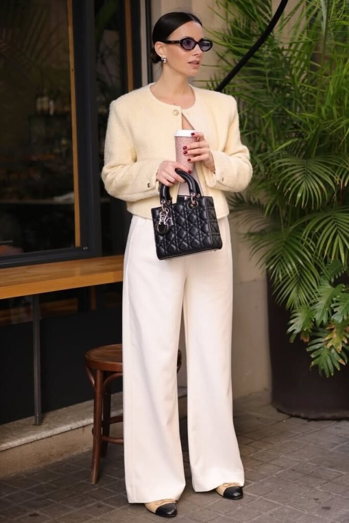 Pale Yellow Cropped Tweed Jacket + Off-White Wide-Leg Trousers + Black-Tip Cap-Toe Flats