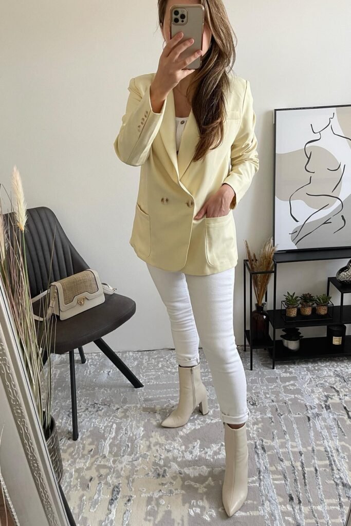 Pale Yellow Double-Breasted Blazer + White Skinny Jeans + Off-White Pointed Toe Boots