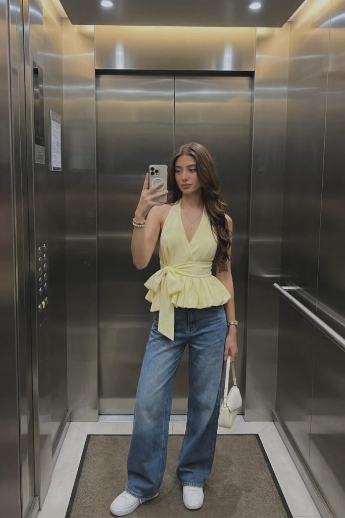 Pale Yellow Halter Peplum Top + Blue Wide-Leg Jeans + White Sneakers