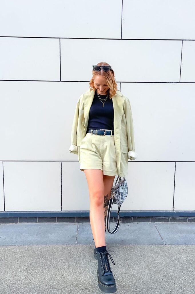 Pale Yellow Oversized Blazer and Shorts Set + Black T-shirt + Black Platform Combat Boots
