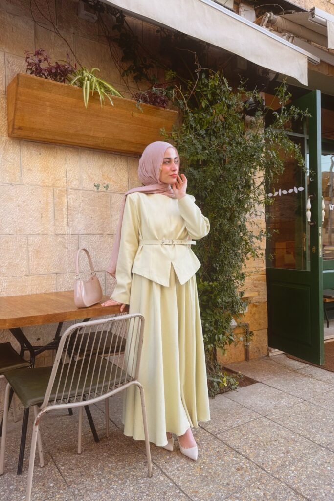 Pale Yellow Peplum Blazer & Skirt Set + Dusty Pink Hijab + Beige Shoulder Bag