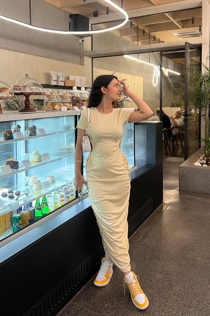 Pale Yellow Short-Sleeve Cut-Out Maxi Dress + Yellow and White High-Top Sneakers + White Ruched Bag