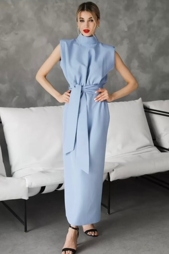 Pastel Blue High-Neck Sleeveless Column Dress + Matching Waist Tie + Black Strappy Sandals