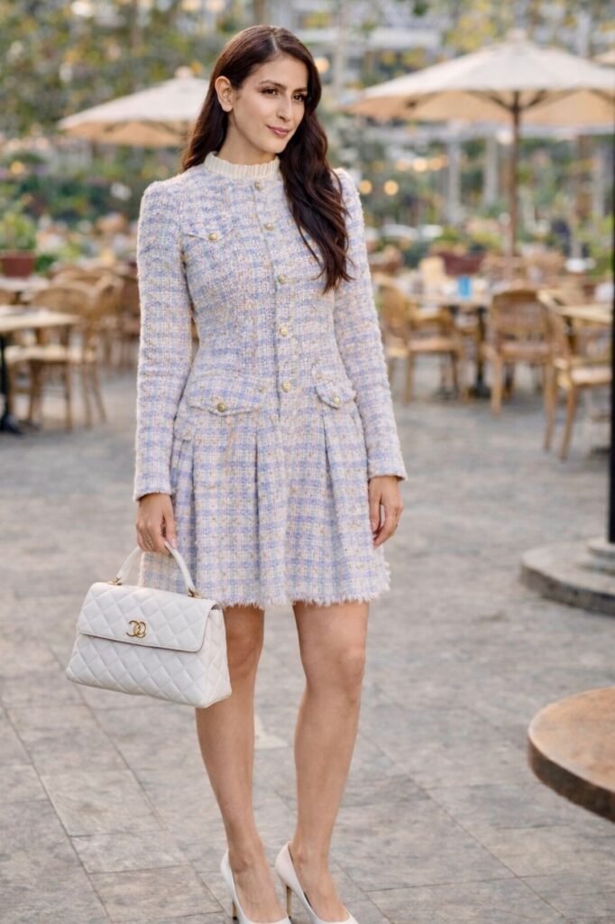 Pastel Tweed Button-Down Mini Dress + White Quilted Handbag + White Pointed-Toe Pumps