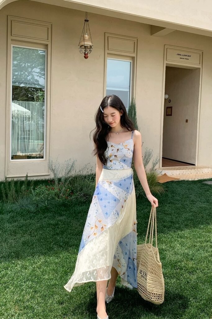 Patchwork Floral Midi Dress + Silver Pointed Flats + Large Woven Tote