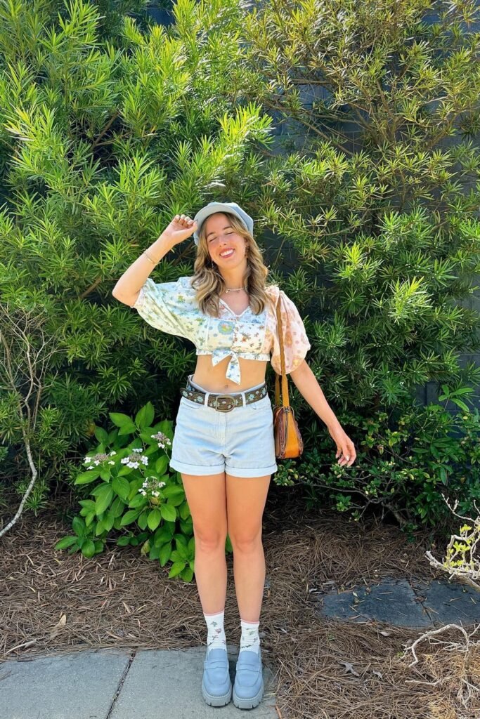 Patchwork Floral Tie-Front Crop Top + Light Blue Denim Shorts + Floral Socks + Pastel Blue Platform Loafers