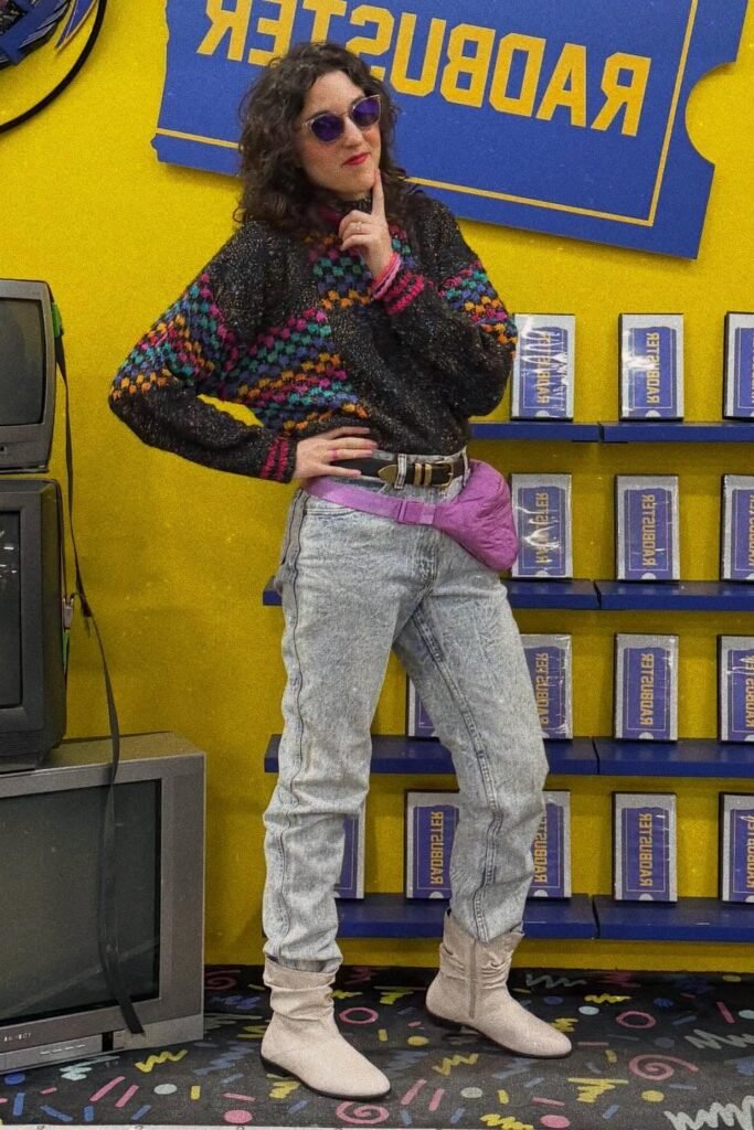 Patterned Black Sweater + Acid Wash Jeans + Slouchy Beige Boots