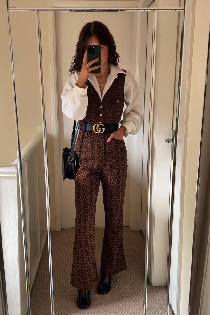 Patterned Brown Jumpsuit + White Oversized Button-Down + Black Boots