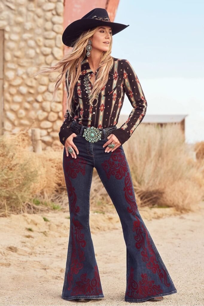 Patterned Western Shirt + Embroidered Flare Jeans + Large Turquoise Buckle Belt