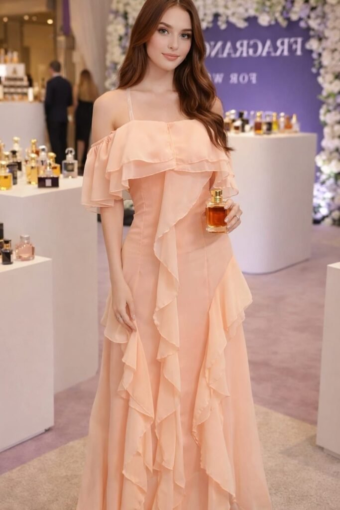 Peach Off-the-Shoulder Ruffle Gown + Vertical Cascading Ruffles + Clear Straps