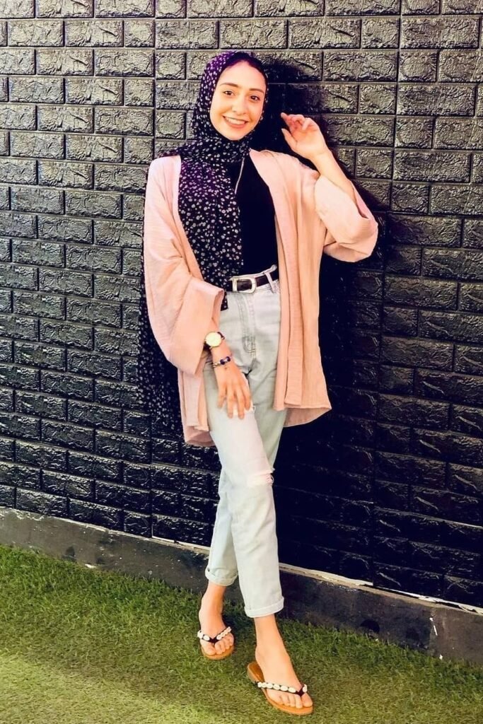 Peach Oversized Kimono + Black Bodysuit + Light Wash Distressed Jeans + Black Pearl-Detail Flip Flops