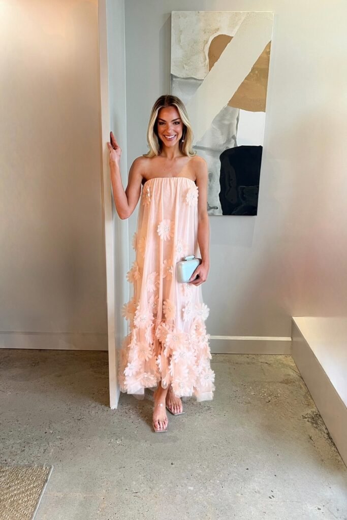 Peach Strapless Tulle Dress with 3D Floral Appliqués + Clear Strappy Sandals + Silver Hard-Shell Clutch