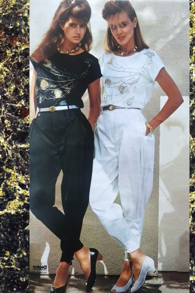 Peacock Print Top + High-Waisted Tapered Trousers + Pointed-Toe Heels