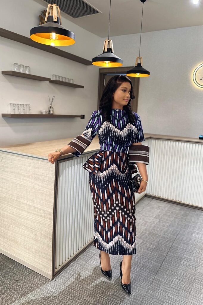 Peplum Ankara Midi Dress with Flared Sleeves + Black Clutch + Black Pointed Pumps