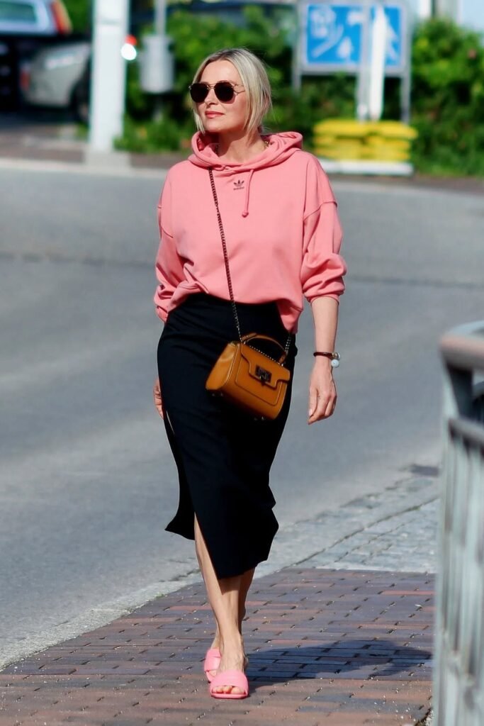 Pink Adidas Hoodie + Black Midi Skirt with Slit + Pink Slide Sandals