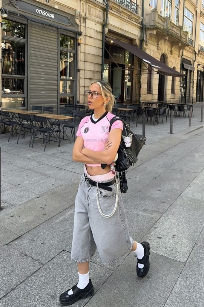 Pink Baby Tee + Oversized Grey Denim Shorts + White Crew Socks + Black Platform Mary Janes