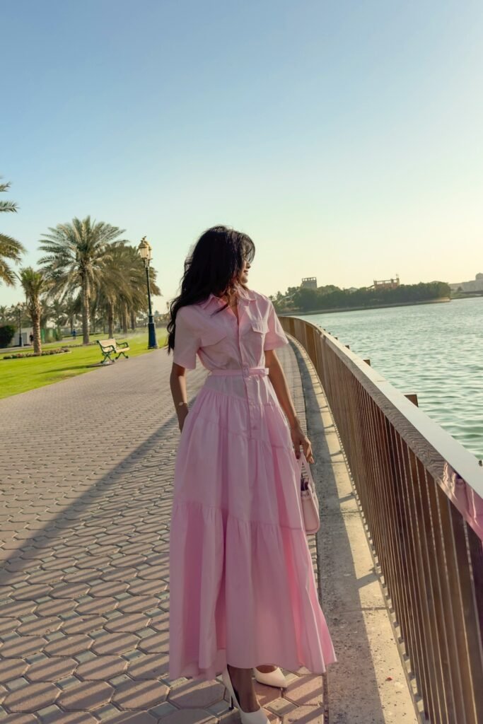 Pink Button-Down Tiered Maxi Dress + White Top-Handle Bag + White Pumps
