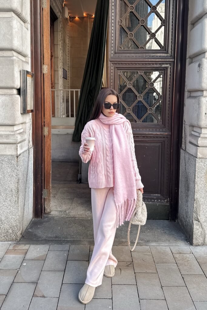 Pink Cable Knit Sweater + Pink Knit Trousers + Pink Oversized Scarf + Beige Mules