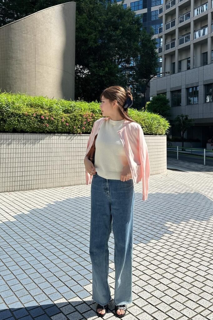 Pink Cardigan + White Knit Top + Wide-Leg Blue Jeans + Black Sandals