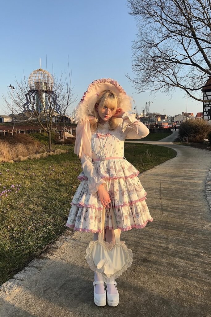 Pink Cat-Print Tiered Dress + White Tights + White Platform Shoes