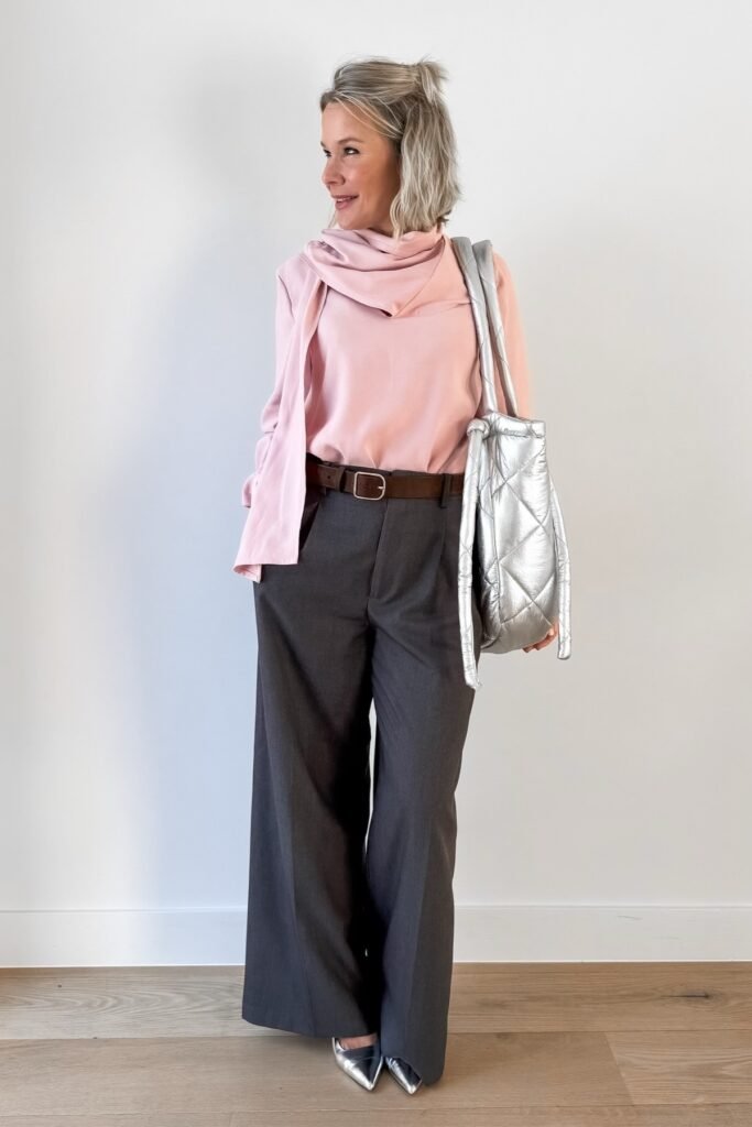 Pink Drape-Neck Scarf + Pink Blouse + Charcoal Wide-Leg Trousers + Silver Metallic Tote
