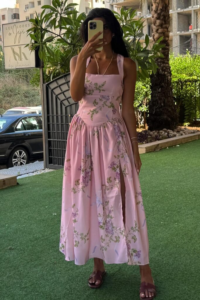 Pink Floral Corset Midi Dress + Brown Slide Sandals