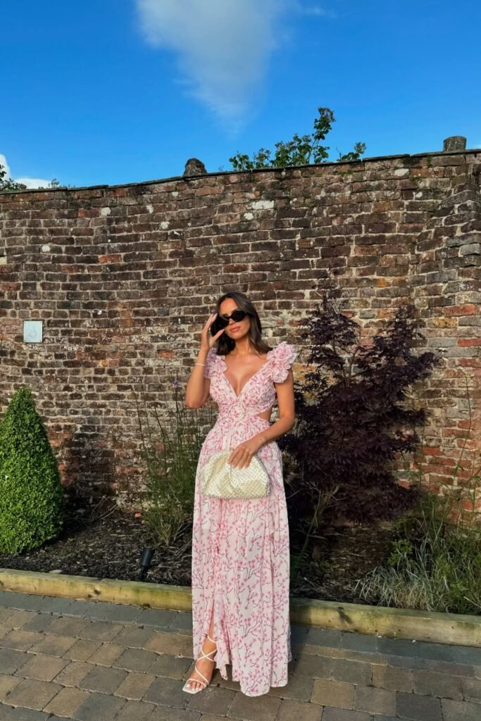 Pink Floral Cut-Out Maxi Dress + White Beaded Clutch + White Strappy Sandals