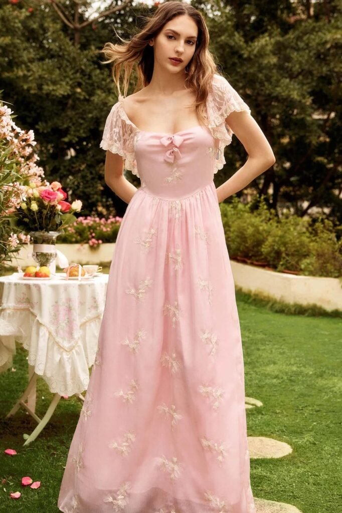Pink Floral Embroidered Maxi Dress + Lace Flutter Sleeves + Pink Bow Detail