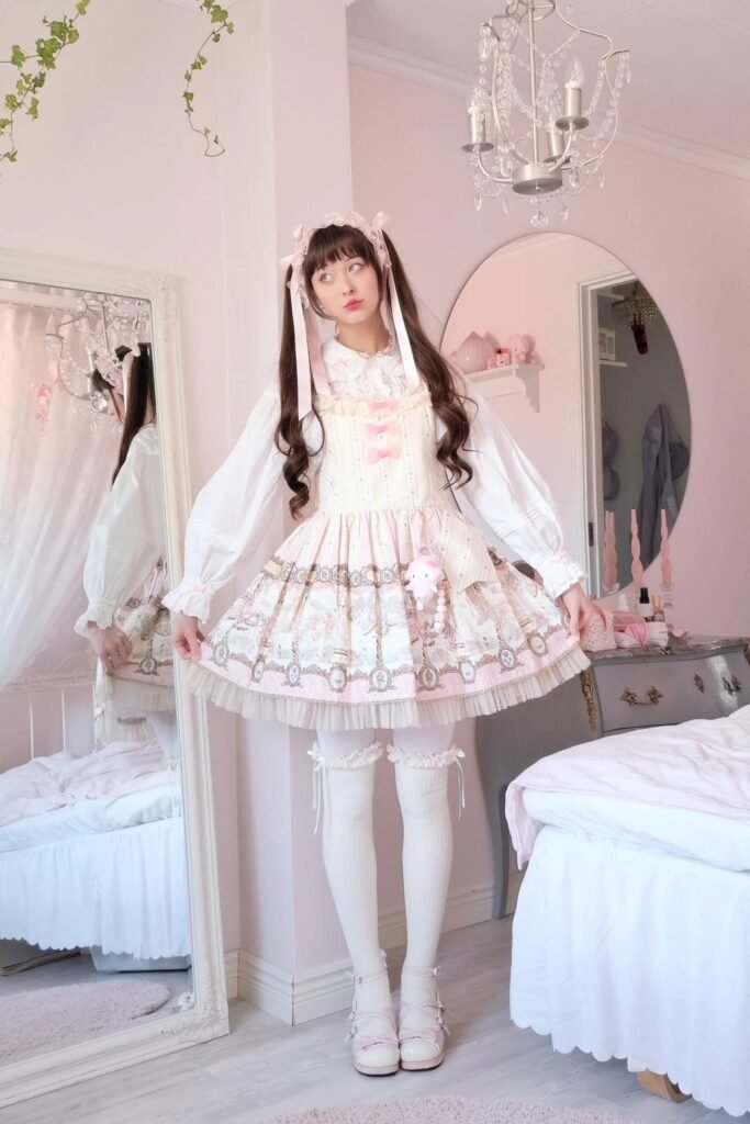 Pink Floral Print Jumper Dress + White Ruffled Blouse + Pink Bow Headband + White Lace Socks