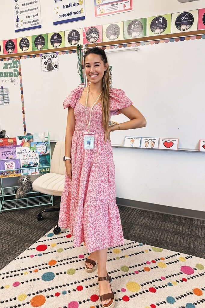 Pink Floral Puff-Sleeve Tiered Midi Dress + Brown Platform Buckle Sandals
