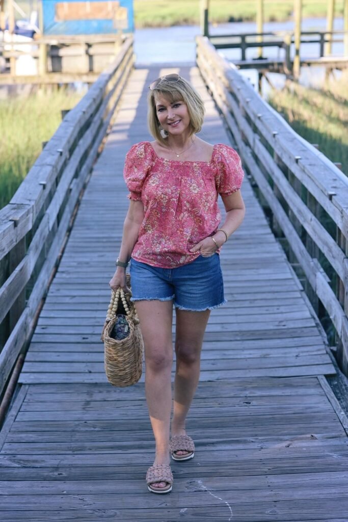 Pink Floral Puff-Sleeve Top + Dark Wash Denim Shorts + Woven Slide Sandals