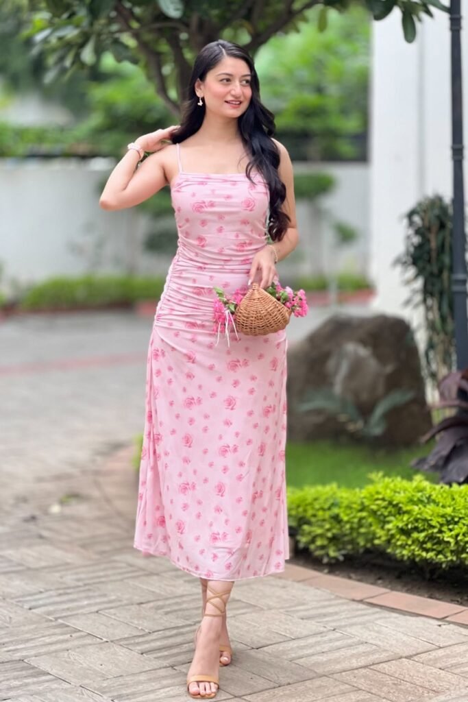 Pink Floral Ruched Maxi Dress + Small Wicker Basket + Tan Strappy Sandals