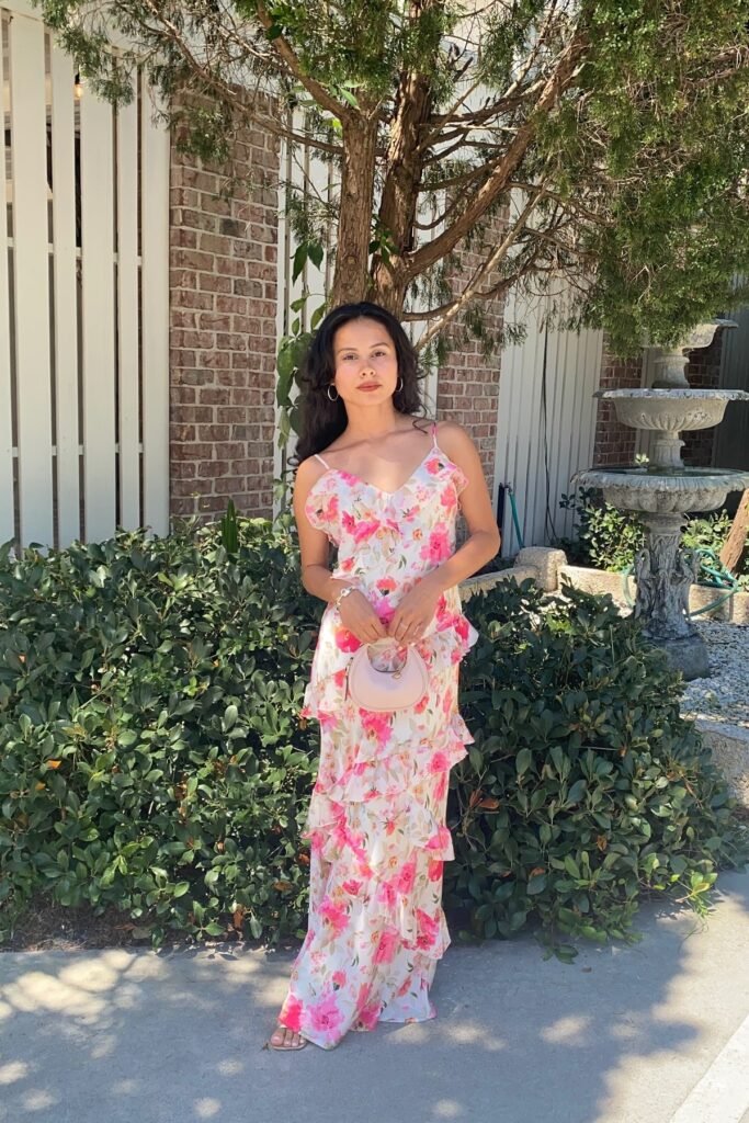 Pink Floral Ruffled Maxi Dress + White Strappy Sandals + Pink Crescent Bag