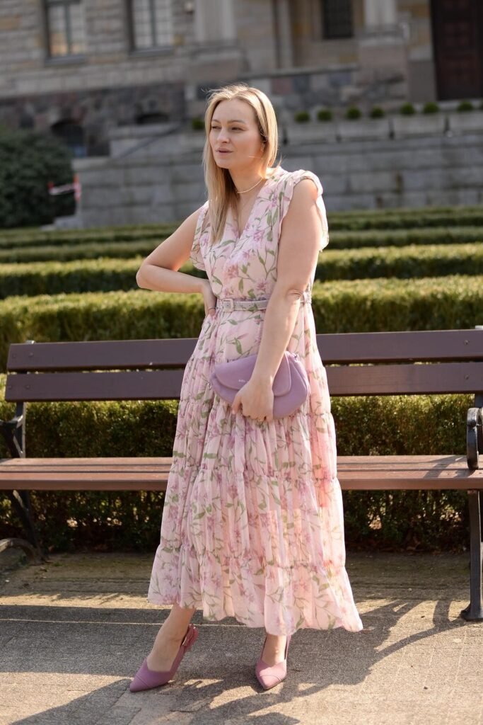 Pink Floral Tiered Maxi Dress + Grey Waist Belt + Purple Clutch + Purple Pointed-Toe Heels