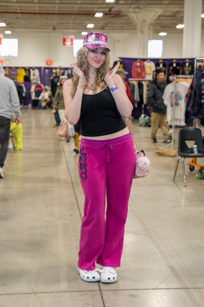 Pink Hello Kitty Plaid Cap + Black Ribbed Tank Top + Fuchsia Velour Wide-Leg Pants + White Crocs